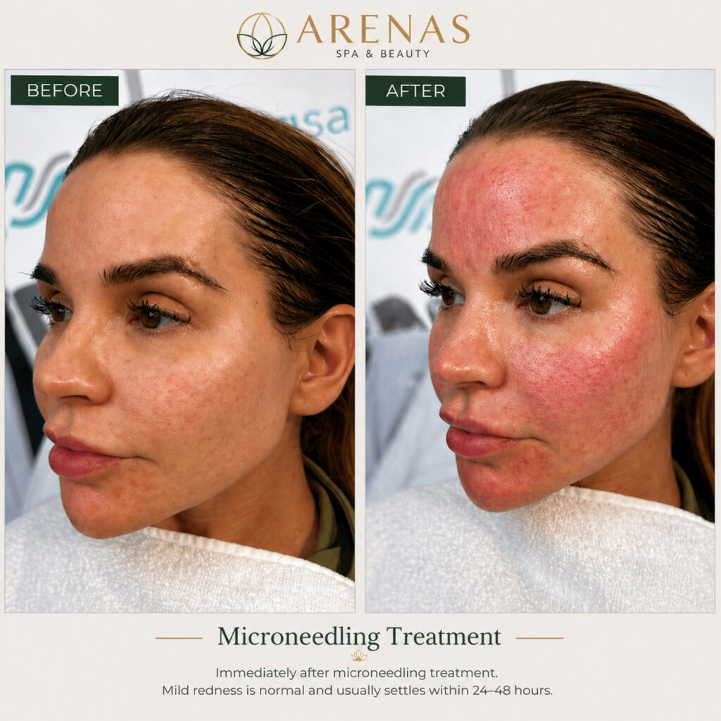 Skin before and immediately after microneedling, redness shown