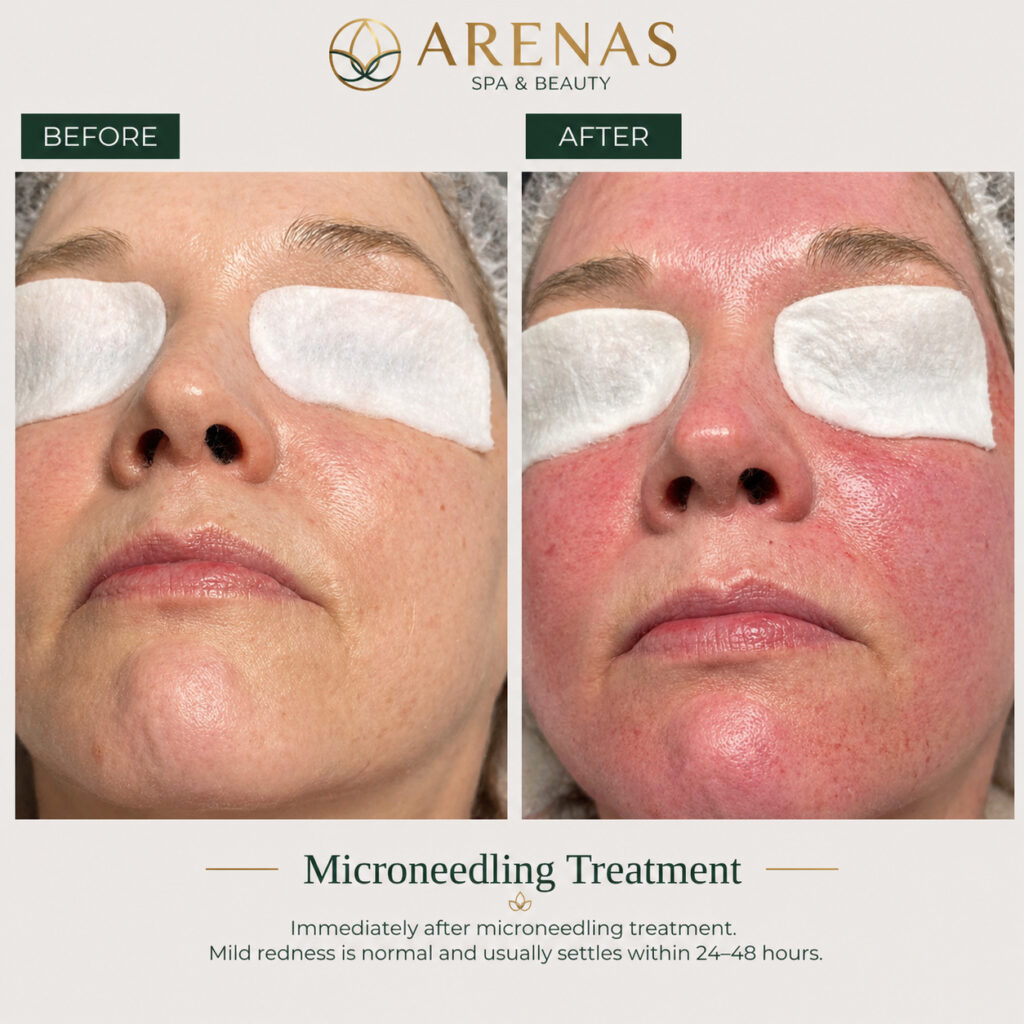 Before and after microneedling—post-treatment redness visible, Vauxhall